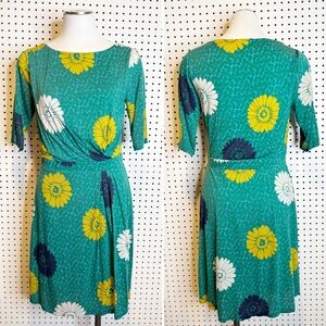 Boden | Green Sunflower Jersey Day Dress 3/4 Sleeves Lined Sz. 8